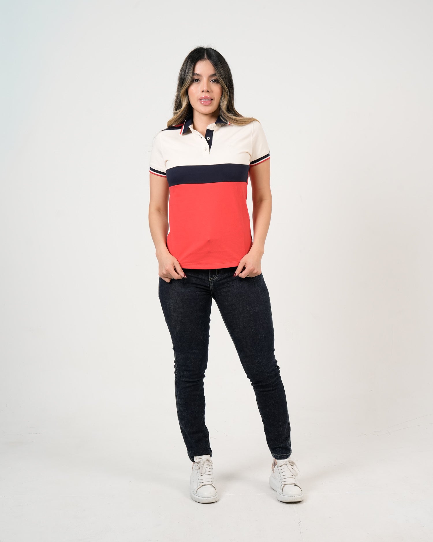 Polo Color Block Crema Marino Coral | Algodón Premium