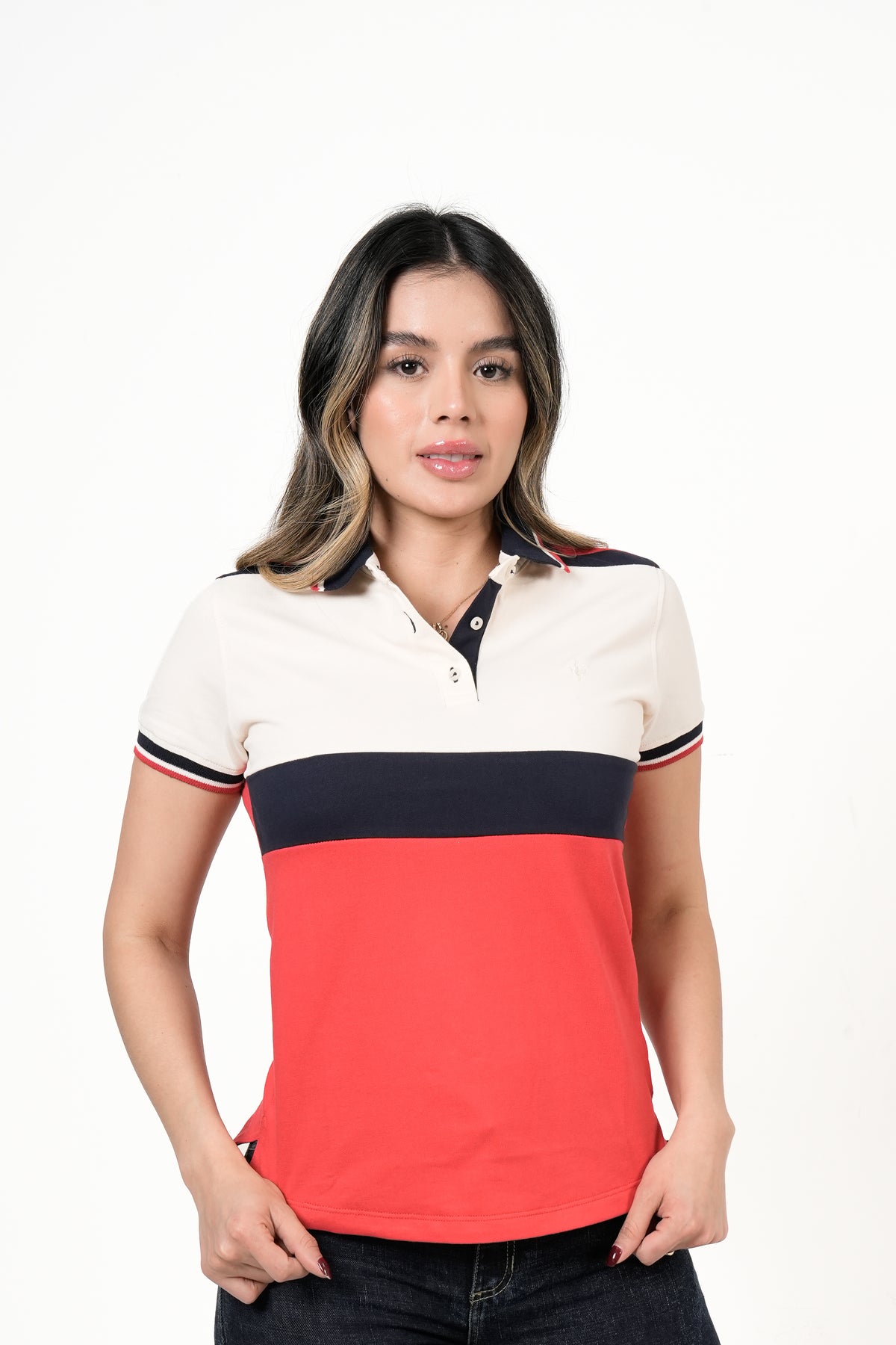 Polo Color Block Crema Marino Coral | Algodón Premium