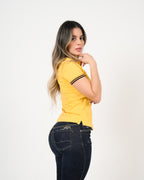 Polo Femenino Manga Corta | Algodón Premium Amarillo con Ribete Negro