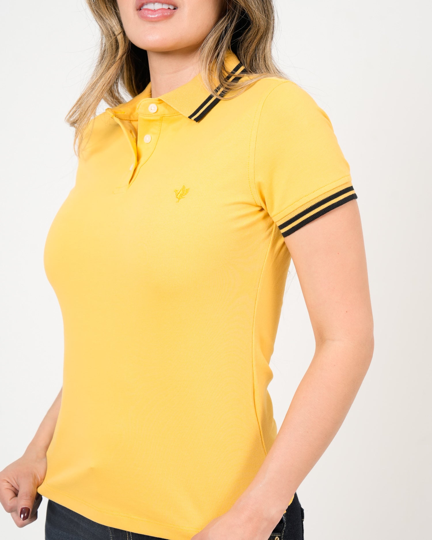 Polo Femenino Manga Corta | Algodón Premium Amarillo con Ribete Negro