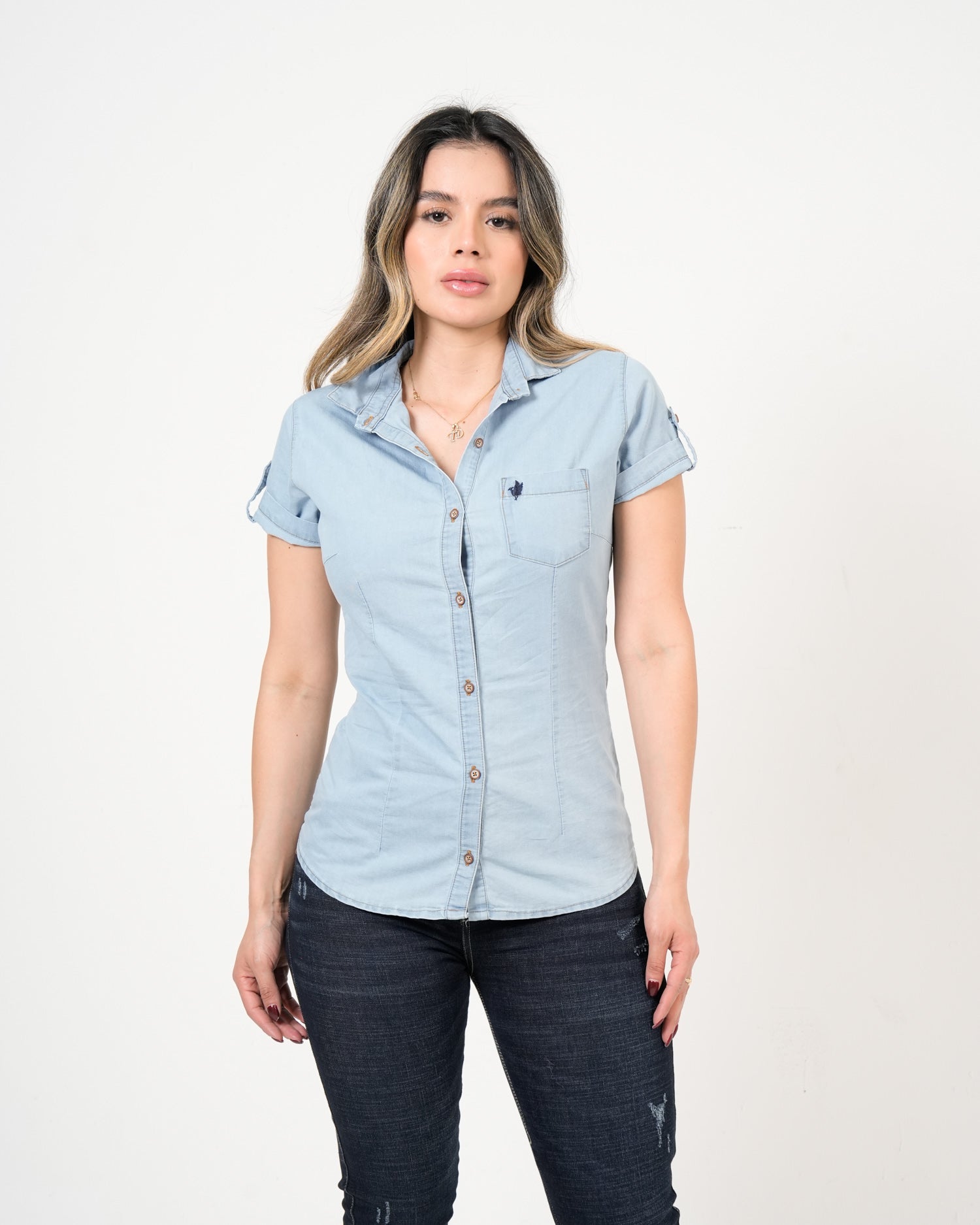 Blusa Femenina Denim | Manga Corta Light Wash Premium