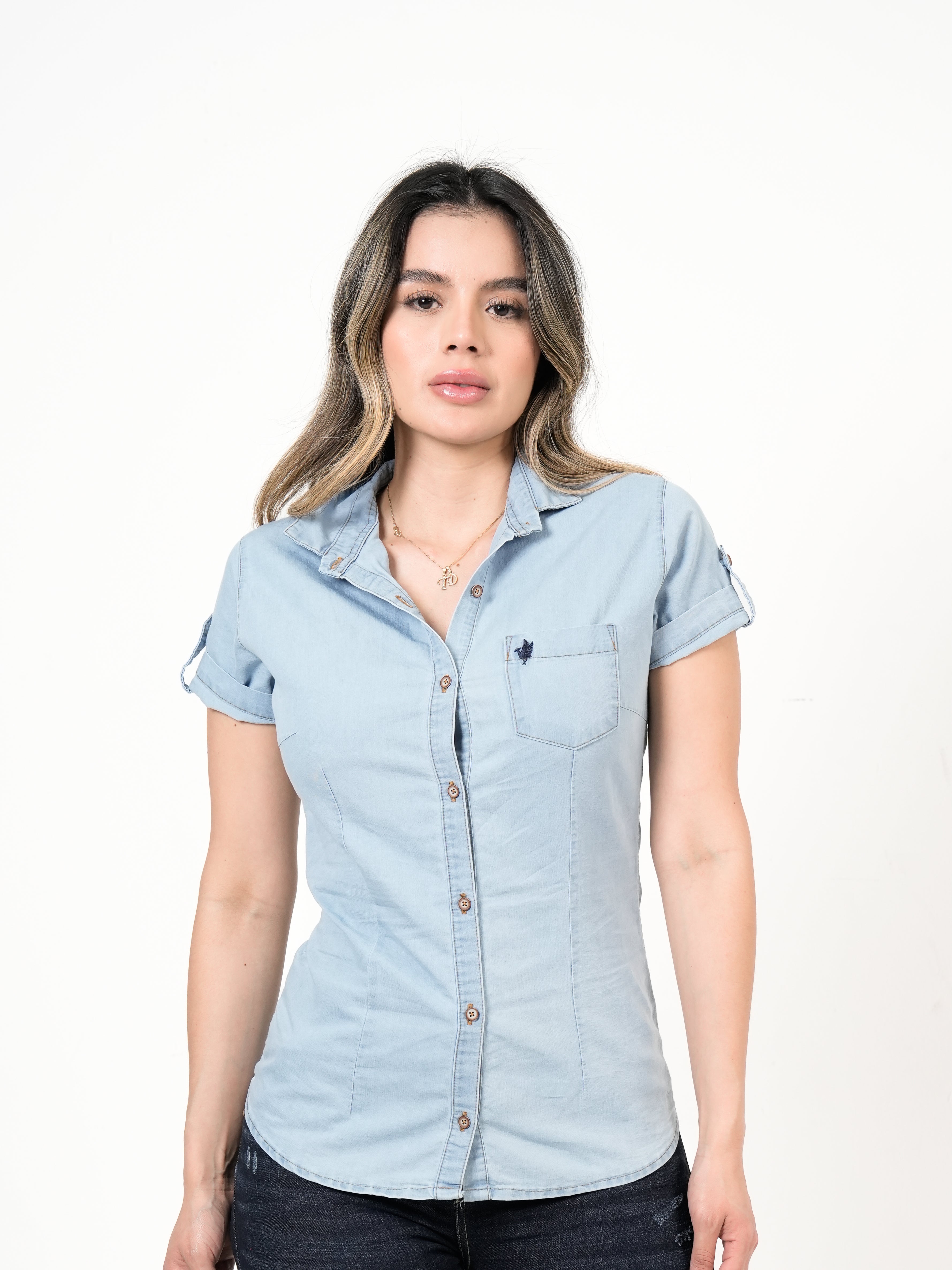 Blusa Femenina Denim | Manga Corta Light Wash Premium