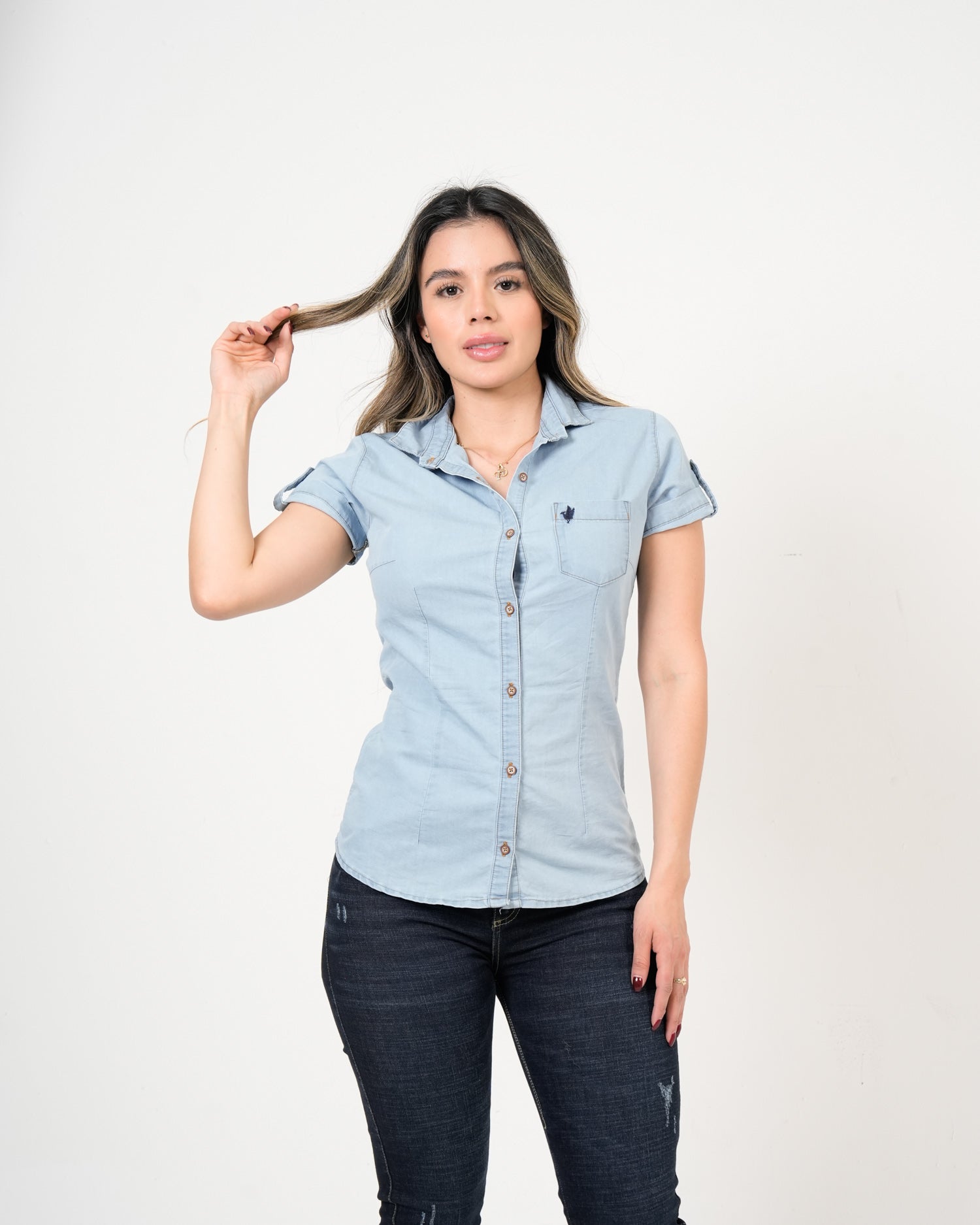 Blusa Femenina Denim | Manga Corta Light Wash Premium