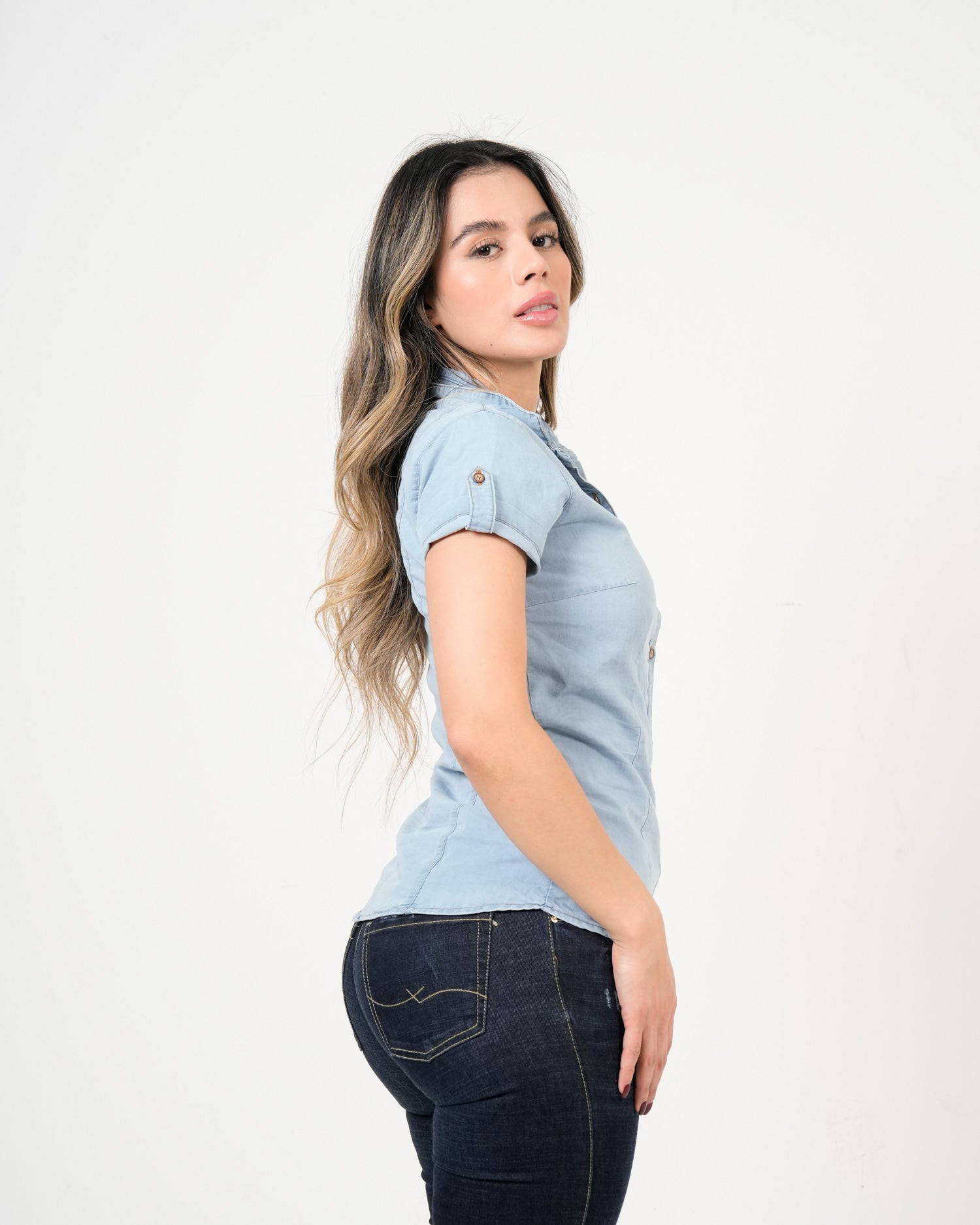 Blusa Femenina Denim | Manga Corta Light Wash Premium