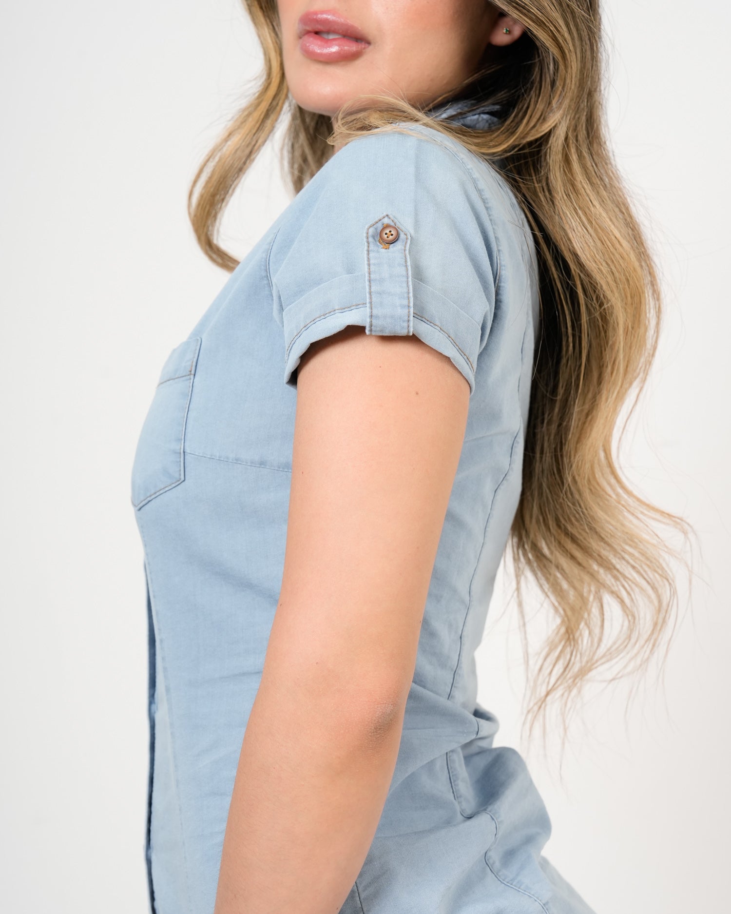 Blusa Femenina Denim | Manga Corta Light Wash Premium