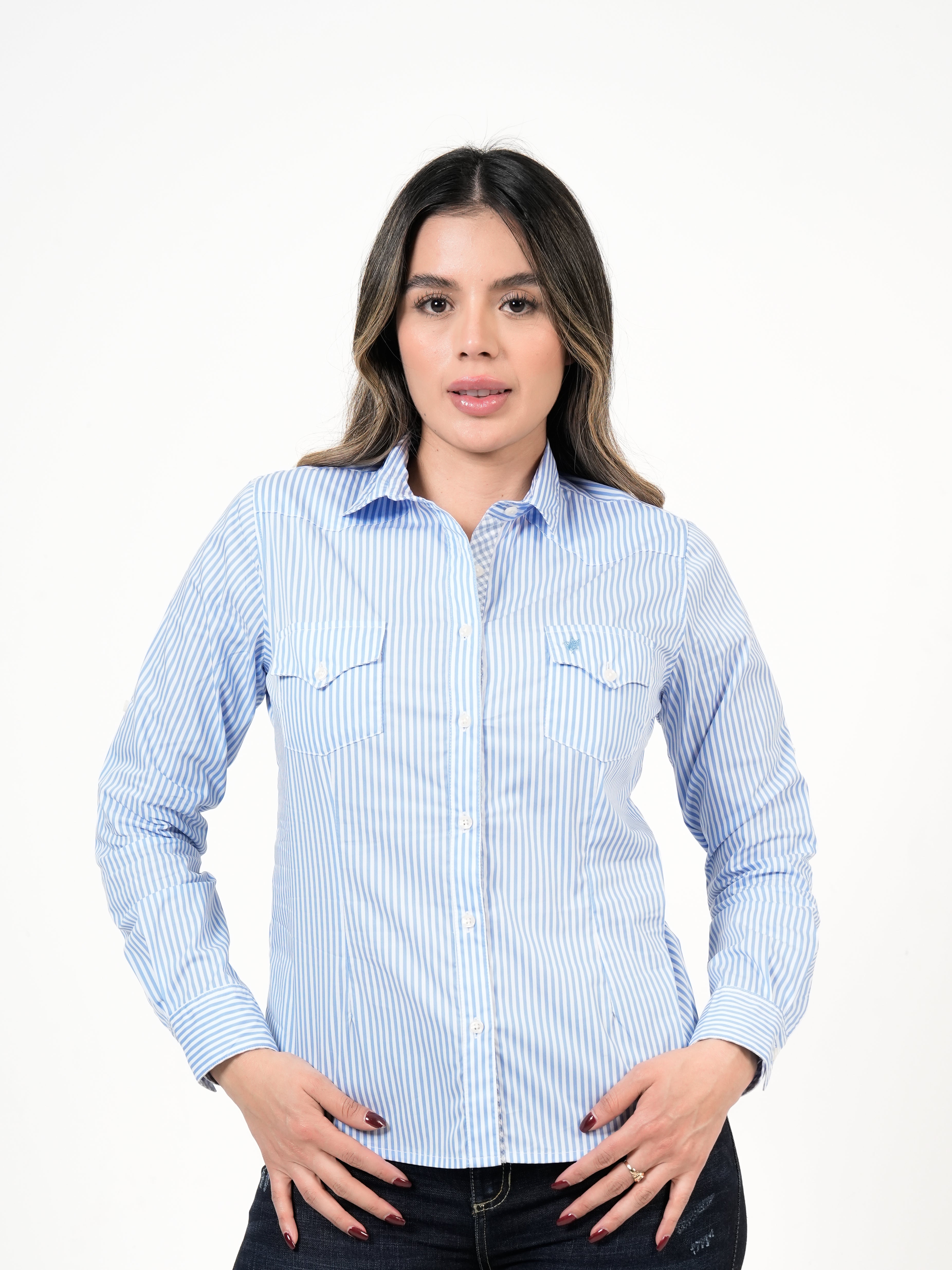 Blusa Femenina Manga Larga | Algodón Premium a Rayas Azul y Blanco