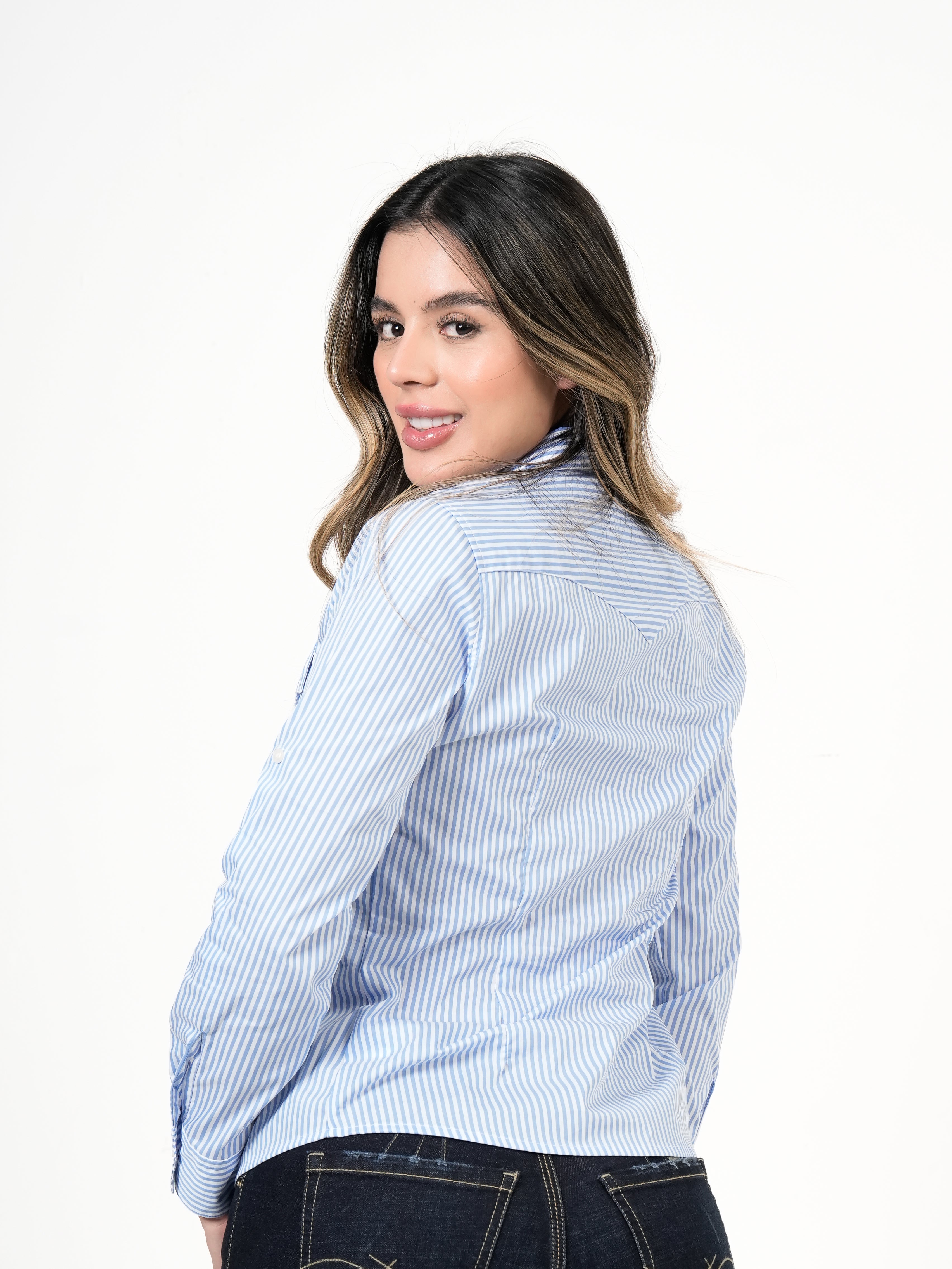 Blusa Femenina Manga Larga | Algodón Premium a Rayas Azul y Blanco