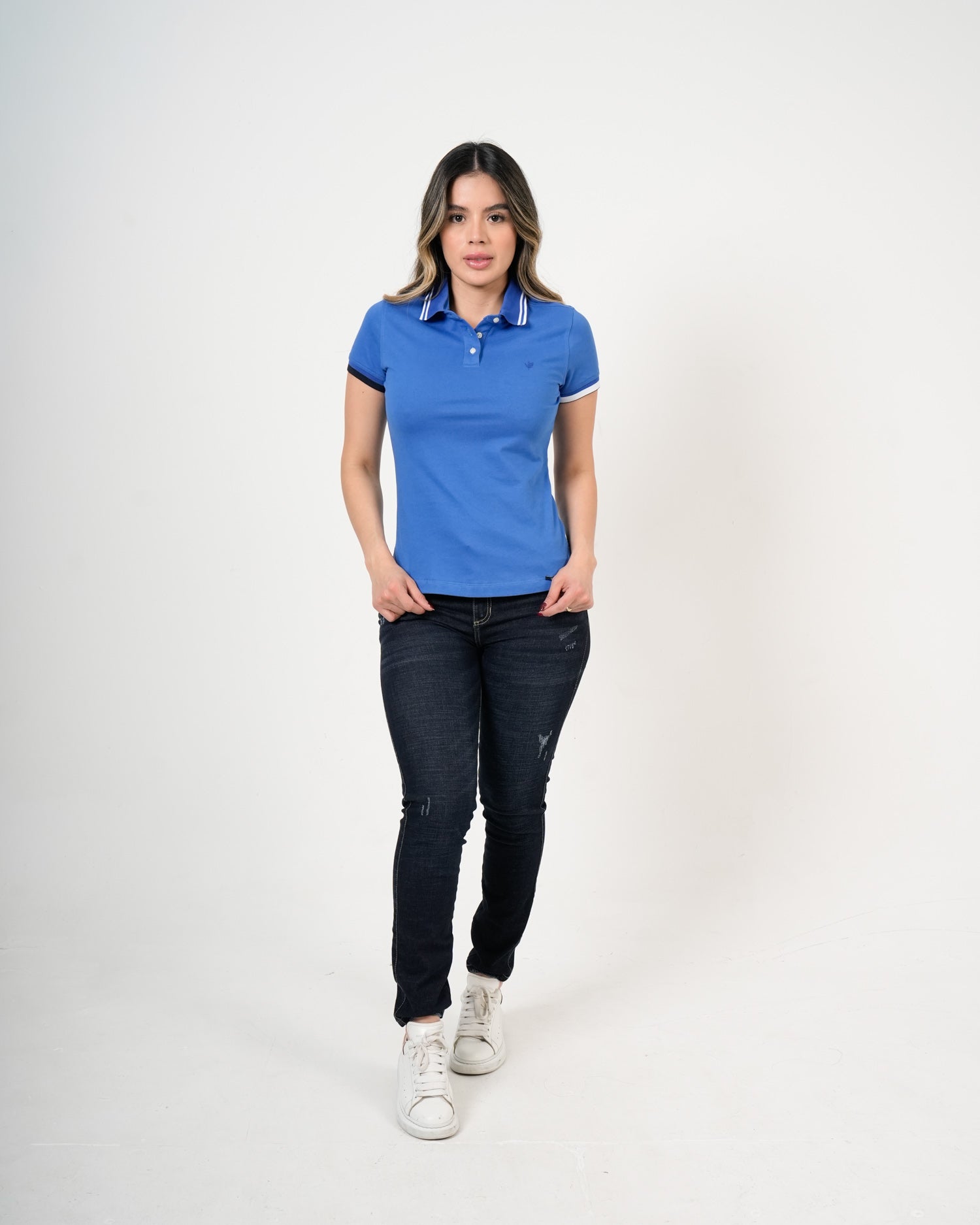 Polo Femenino Manga Corta | Algodón Premium Azul Royal con Ribete