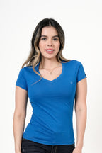 Camiseta Femenina Manga Corta | Algodón Premium Azul Royal Escote V