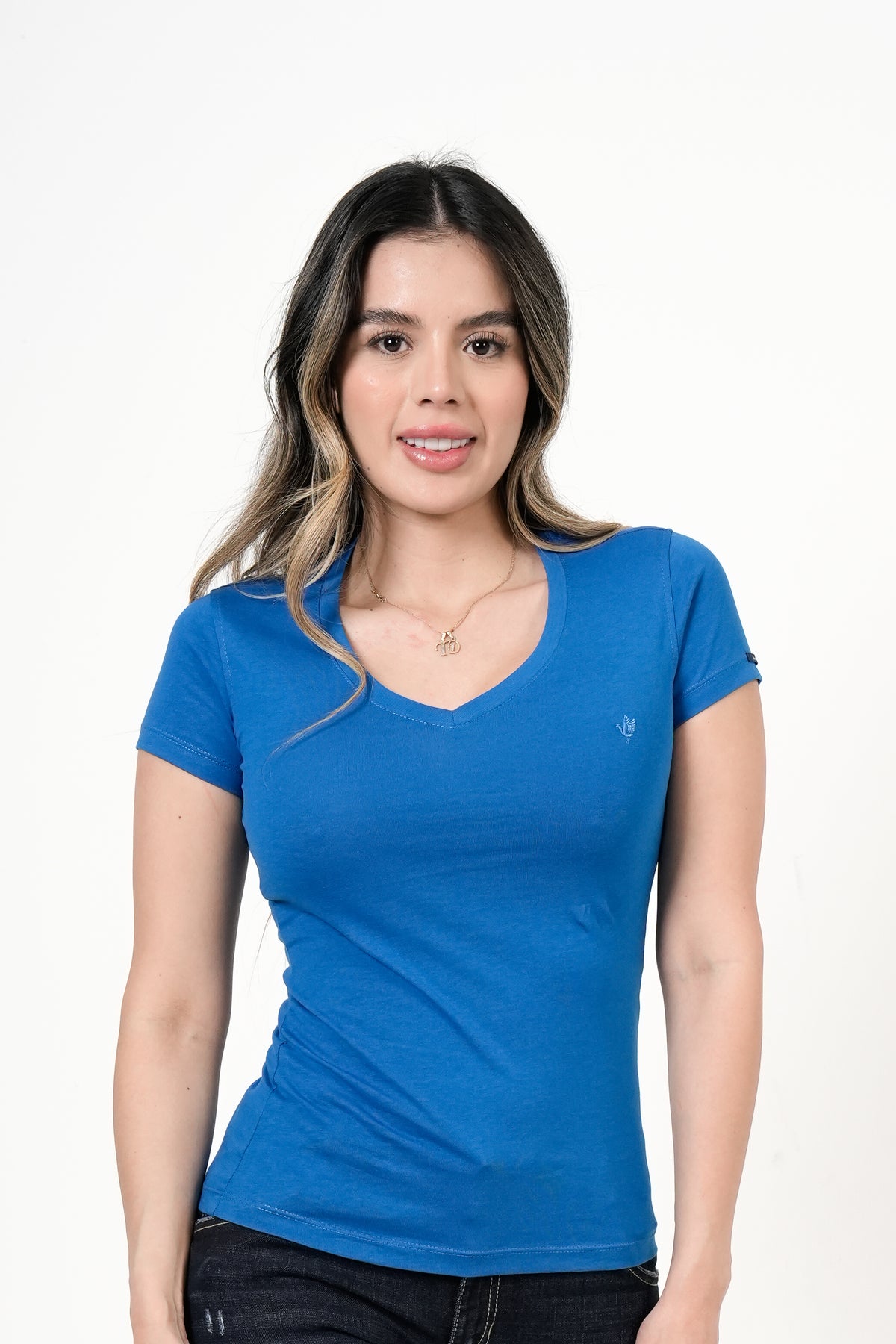 Camiseta Femenina Manga Corta | Algodón Premium Azul Royal Escote V