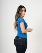 Camiseta Femenina Manga Corta | Algodón Premium Azul Royal Escote V