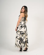 Vestido Femenino Midi | Algodón Premium Estampado Floral Blanco y Negro