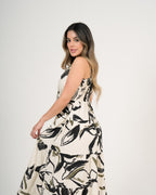 Vestido Femenino Midi | Algodón Premium Estampado Floral Blanco y Negro