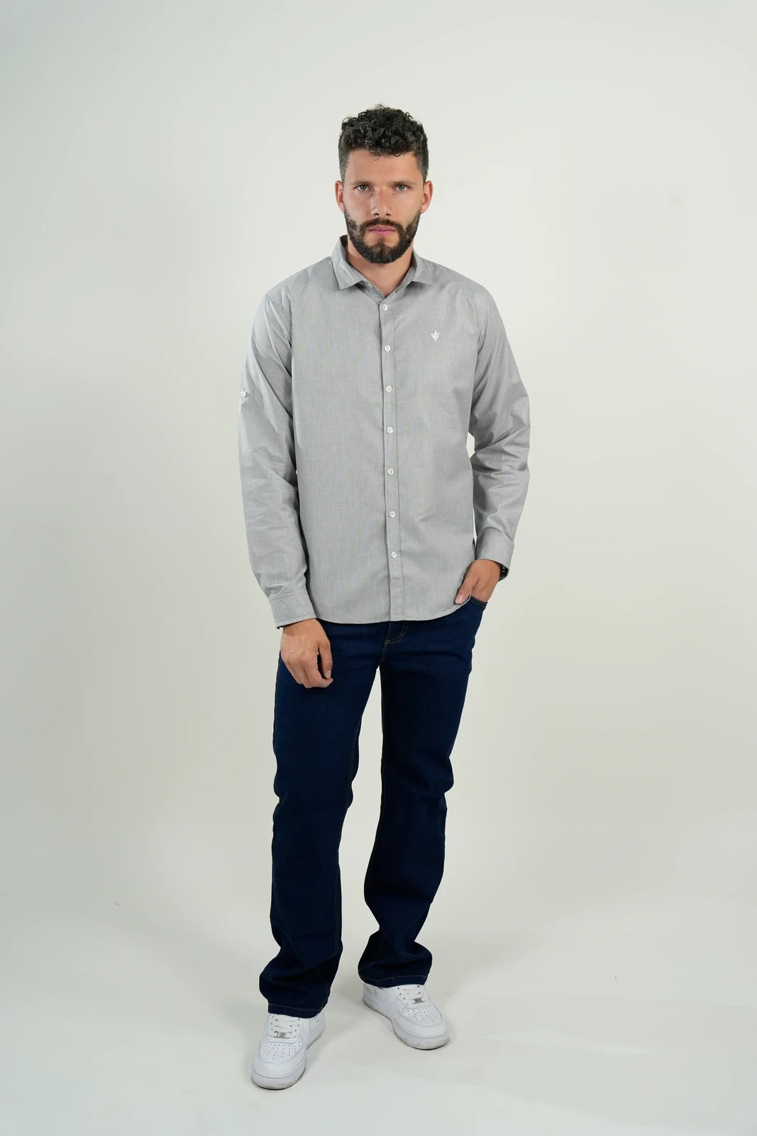 Camisa Oxford Gris Manga Larga