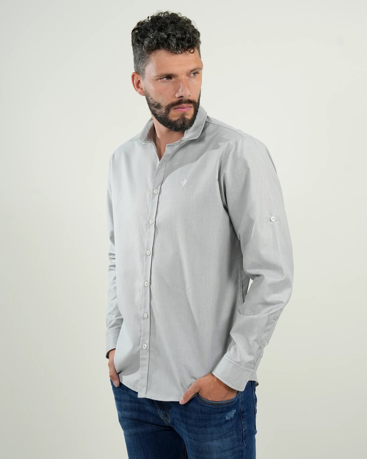 Camisa Gris Manga Larga Convertible con Botones