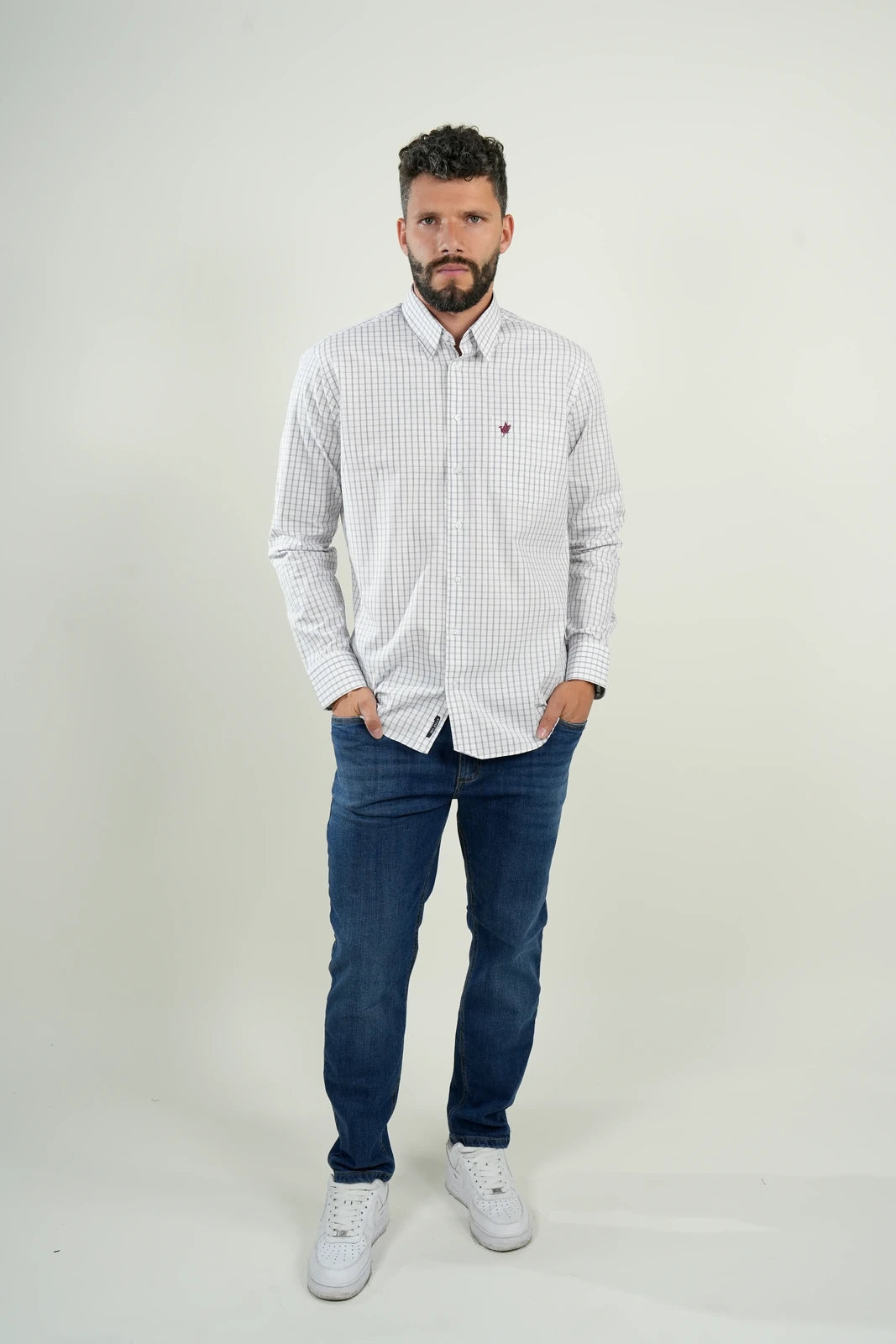 Camisa de vestir a cuadros blancos y azules