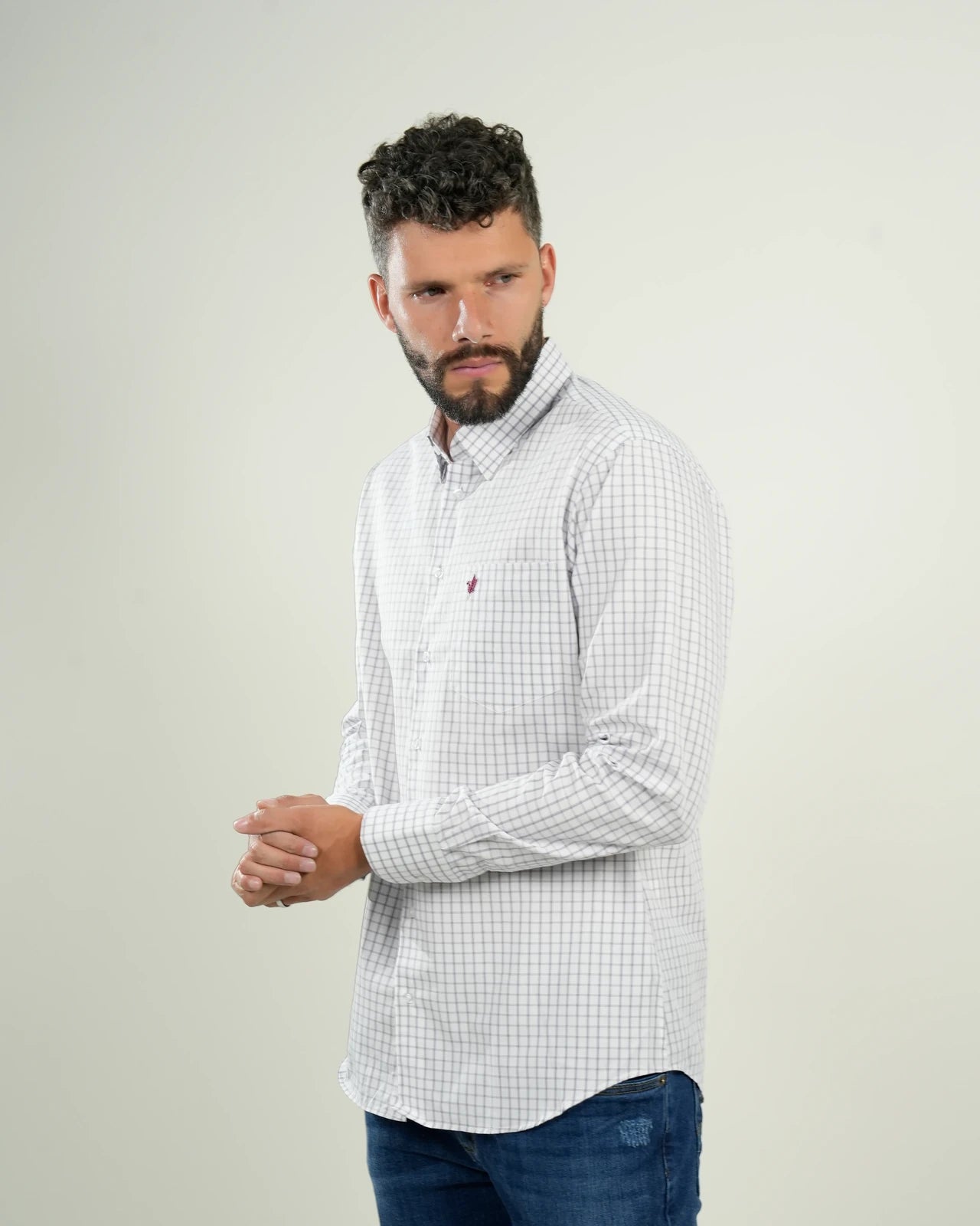 Camisa de vestir a cuadros blancos y azules