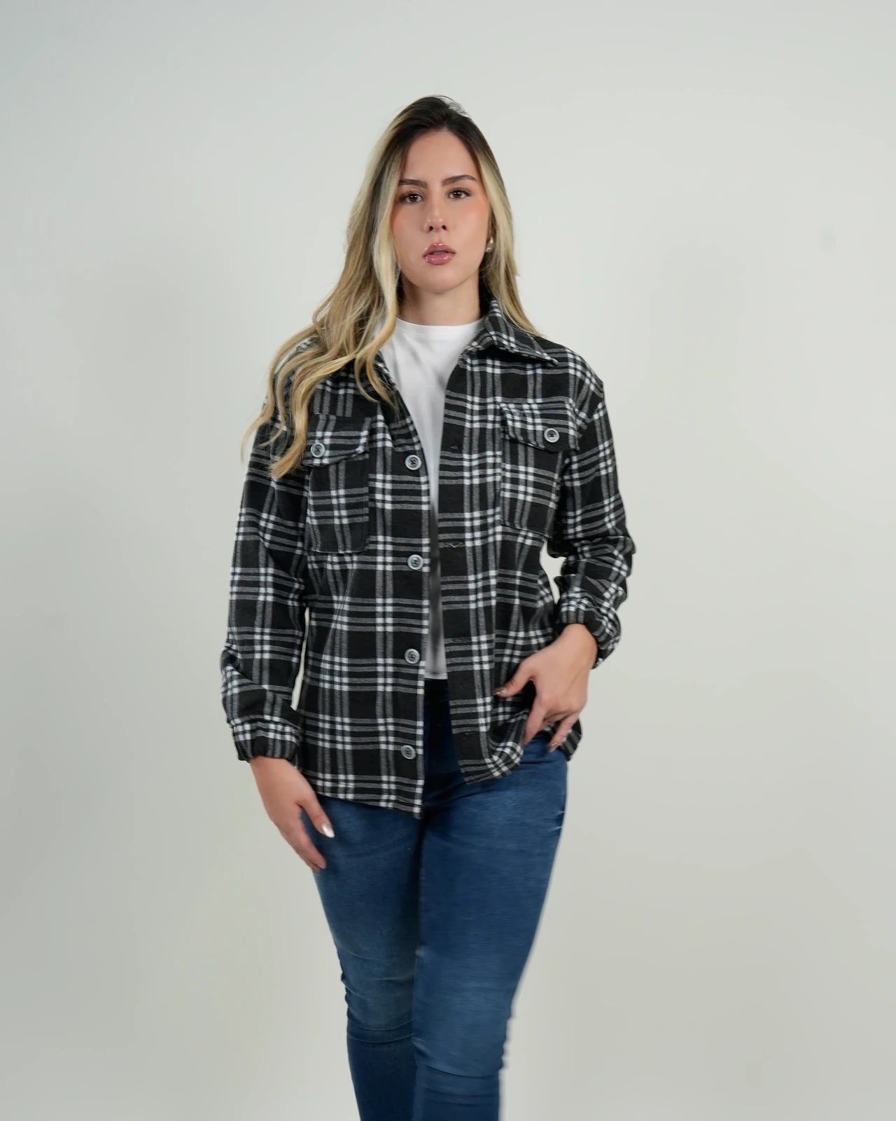 Chaqueta Oversize Mujer Cuadros Negro