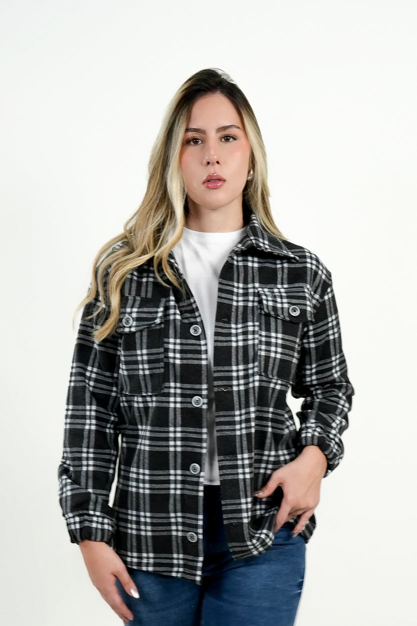 Chaqueta Oversize Mujer Cuadros Negro