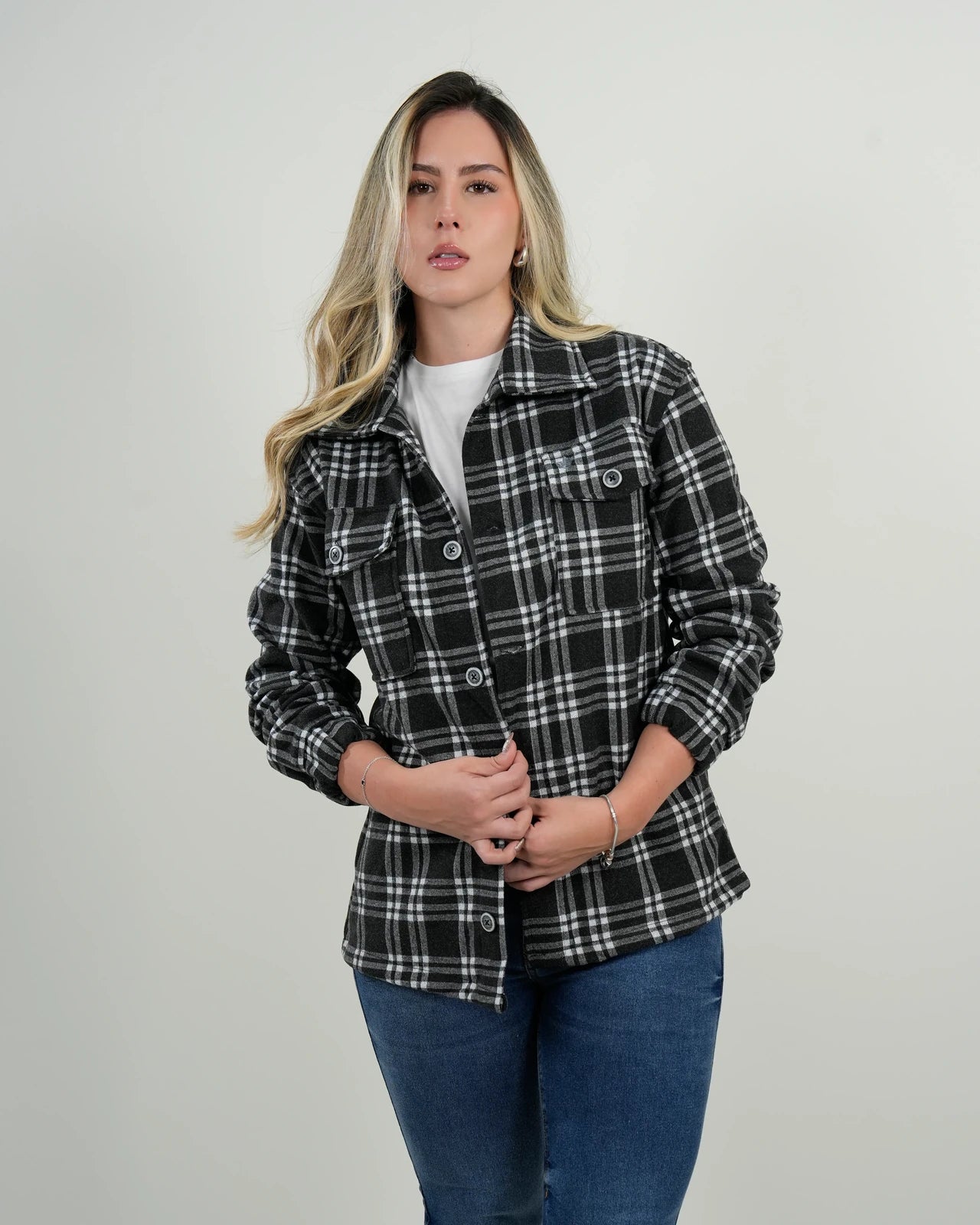 Chaqueta Oversize Mujer Cuadros Negro