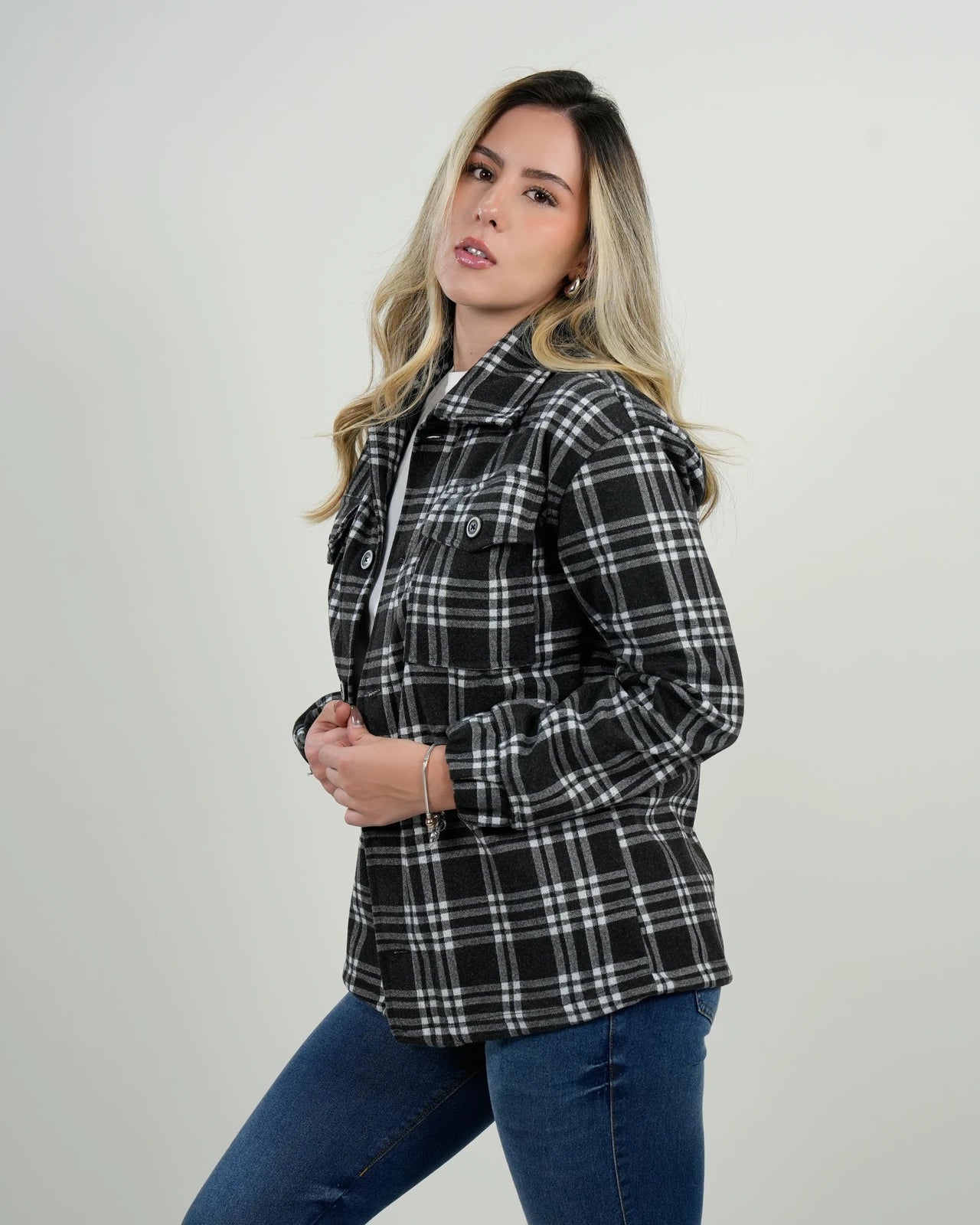 Chaqueta Oversize Mujer Cuadros Negro