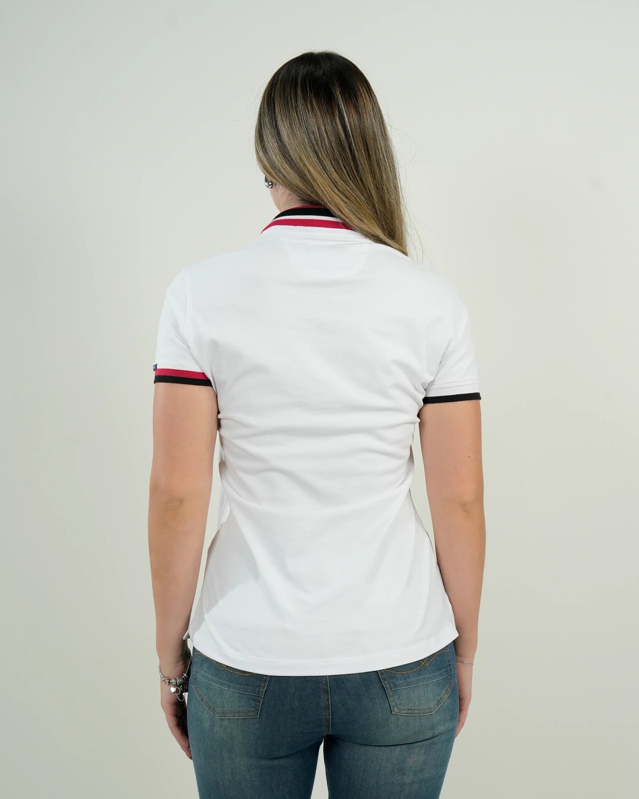 Polo Mujer Blanco Detalles Tricolor